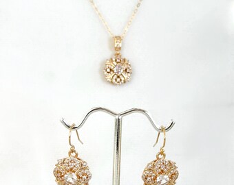 Vintage Style Gold Zircon Necklace & Earrings Set, Regency Era Zircon Jewelry, 14k Gold Filled Necklace and Earrings, #1814