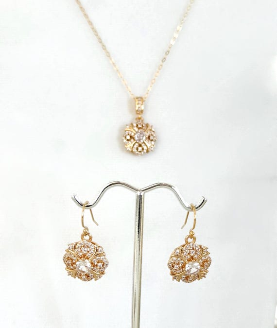 Vintage Style Gold Zircon Necklace & Earrings Set, Regency Era Zircon Jewelry, 14k Gold Filled Necklace and Earrings, #1814