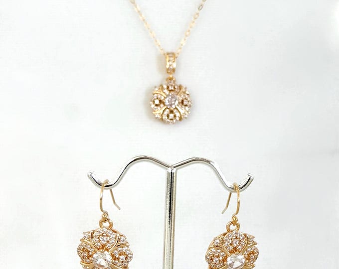 Vintage Style Gold Zircon Necklace & Earrings Set, Regency Era Zircon Jewelry, 14k Gold Filled Necklace and Earrings, #1814