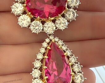 Gorgeous Crown Ruby Brooch, Queen Elizabeth Inspiration, Large Ruby Zircon Center & Pear Tassel, Mother's Favorite Royal Replication #1804