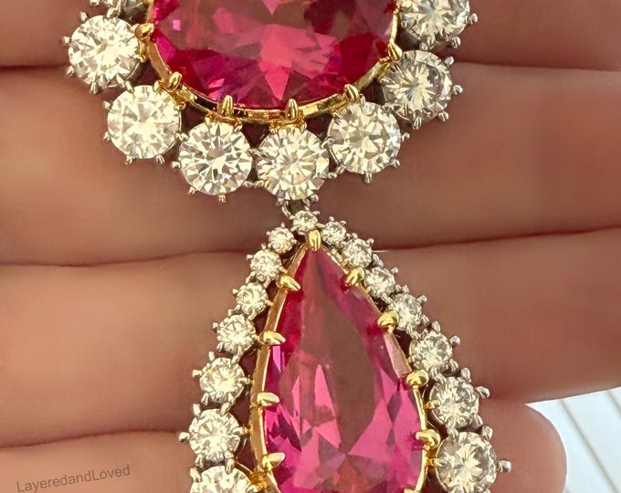 Gorgeous Crown Ruby Brooch, Queen Elizabeth Inspiration, Large Ruby Zircon Center & Pear Tassel, Mother's Favorite Royal Replication #1804