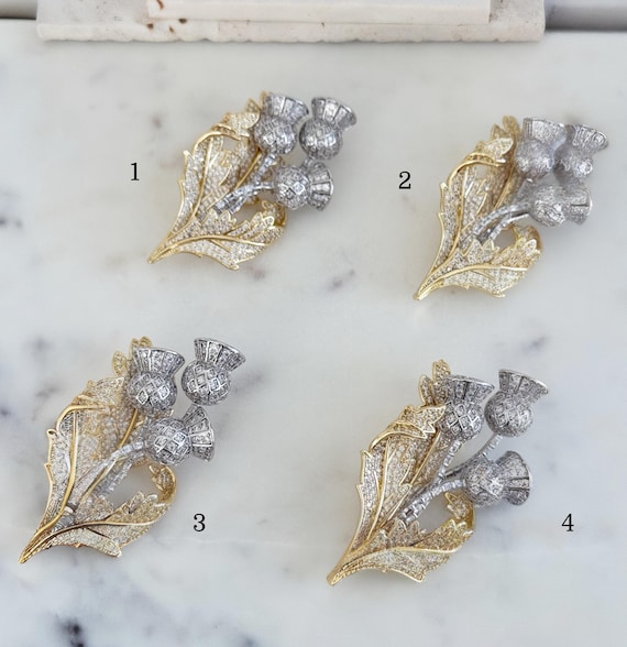 Clearance - Queen Elizabeth Scottish Thistle Brooch: 18k Gold & Rhodium Plated Zircon #1746