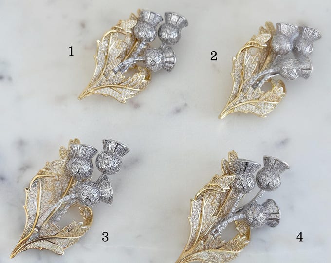 Clearance - Queen Elizabeth Scottish Thistle Brooch: 18k Gold & Rhodium Plated Zircon