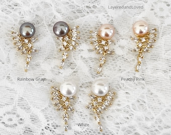 Gold Pearl & Zircon Earrings, Large Pearls, 3 Colors White, Gray or Peachy Pink, Zircon Wings, #1697