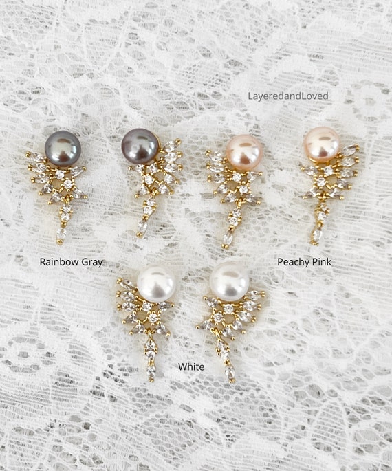 Freshwater Pearl Zircon Earrings: Gold Post Pearl & Wing Zircon Dangle #1697