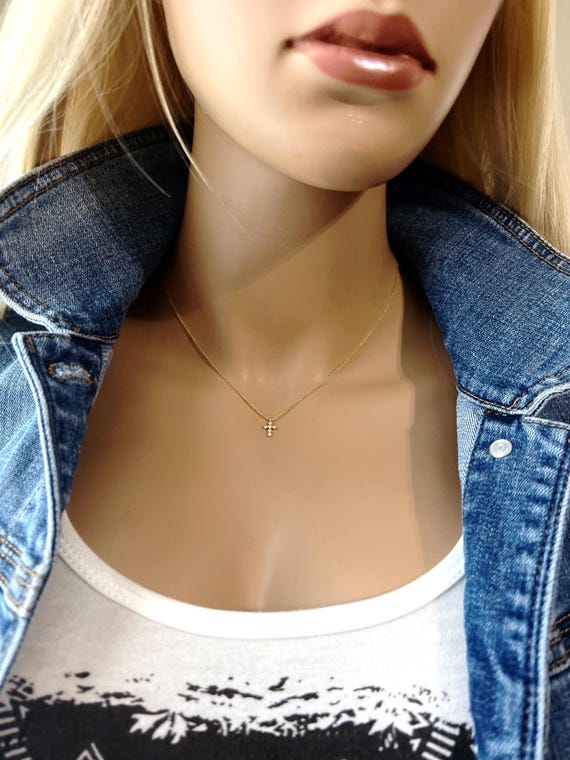 Teeny Tiny Gold Pave Cross Necklace, 14k Gold Filled Chain, Petite and Dainty Tiny CZ Cross, Inspirational, Children's Gift, #1182