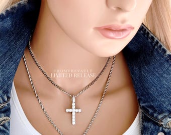 Silver Zircon Cross Necklace, Layered Cross Set, Rope or Curb Chain 20", Iced Out Cross Pendant, Faith Gift, Limited Release #2020
