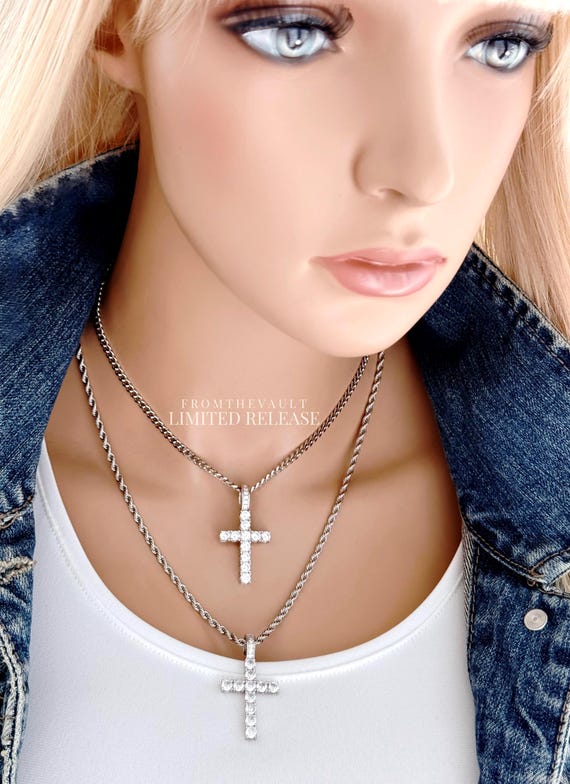 Silver Zircon Cross Necklace, Layered Cross Set, Rope or Curb Chain 20", Iced Out Cross Pendant, Faith Gift, Limited Release #2020