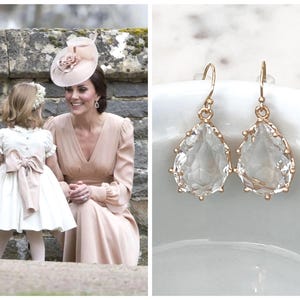 Kate Middleton Inspired Teardrop 14k Gold Filled Earrings, Lightweight Sparkling Dangles, Pink Diamond Royal Earrings #1207