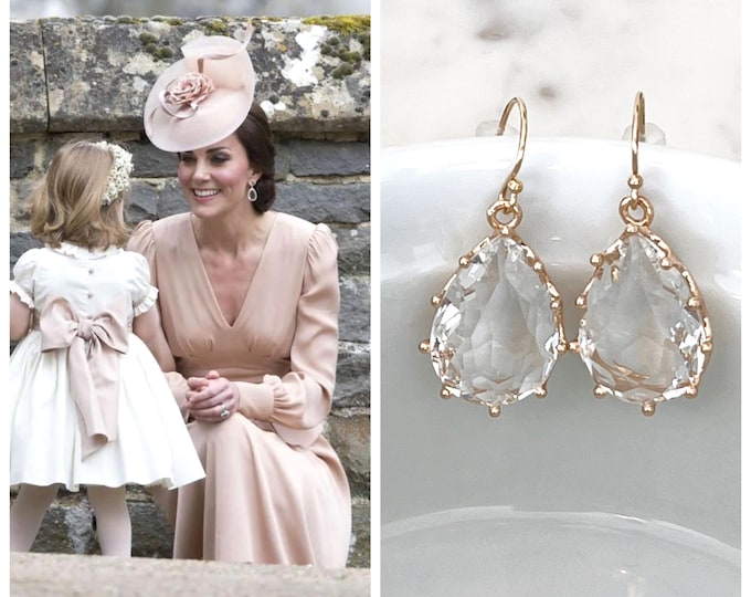 Kate Middleton Inspired Teardrop 14k Gold Filled Earrings, Lightweight Sparkling Dangles, Pink Diamond Royal Earrings #1207