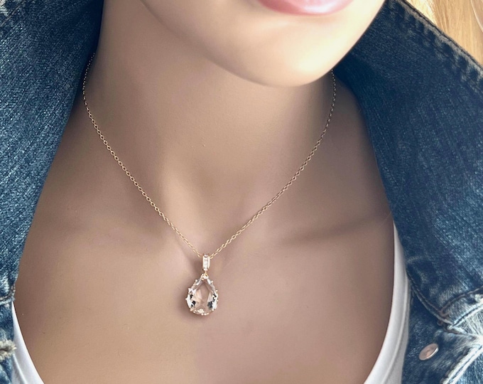 Kate Middleton Inspired 14k Gold Filled Teardrop Earrings & Necklace Set, Lightweight Sparkling Dangles, Zircon Bail Pendant #1207/#1795