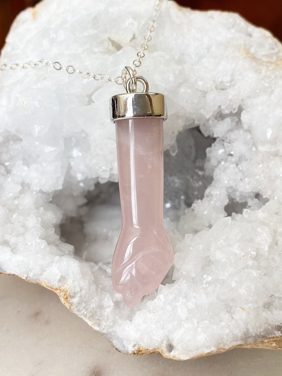 Rose Quartz Gemstone Sterling Silver Necklace, Figa Fist Gemstone Charm, Goddess Call for Fertility, Ward Off Evil, Good Luck Charm, #1149