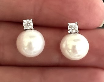 Sterling Silver Swarovski Pearl Stud Earrings - Queen Elizabeth Inspired, Zircon Studs, 10mm Pearls, #1906