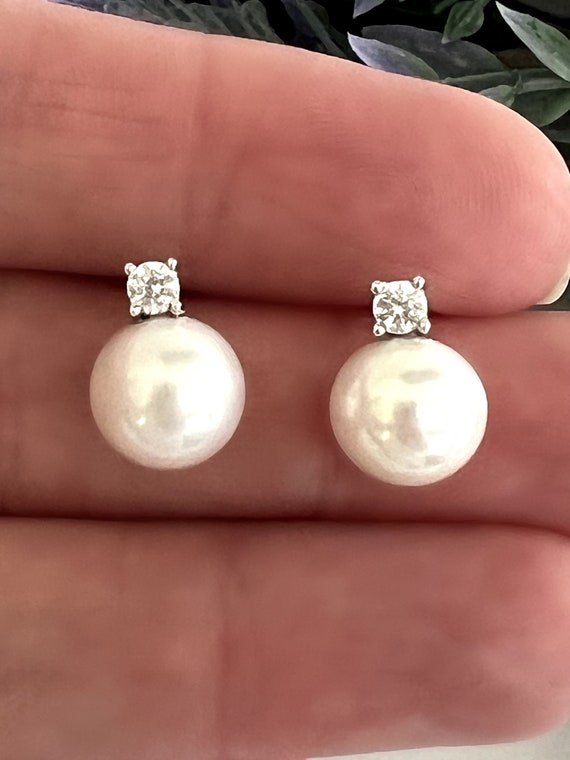 Sterling Silver Swarovski Pearl Stud Earrings - Queen Elizabeth Inspired, Zircon Studs, 10mm Pearls, #1906
