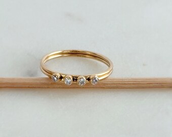 14k Gold Filled Double Band Ring, 4 Stone Zircon Bezel Ring, Stackable Minimalist Stack Ring, Dainty Sparkling Gold Ring Size 7, #2010