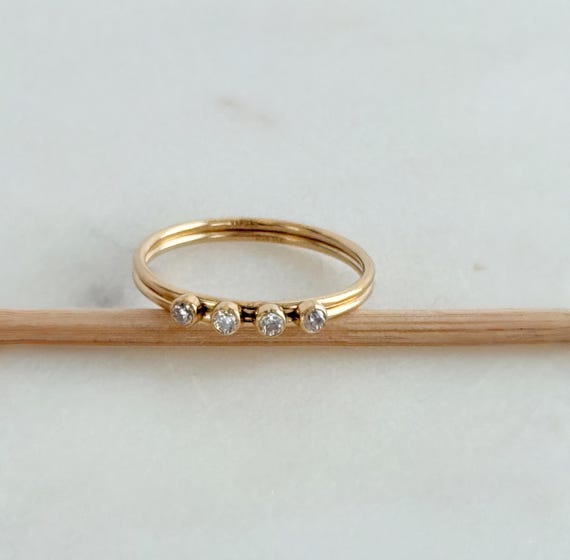 14k Gold Filled Double Band Ring, 4 Stone Zircon Bezel Ring, Stackable Minimalist Stack Ring, Dainty Sparkling Gold Ring Size 7, #2010
