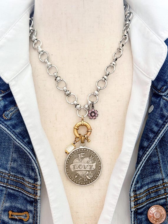 LOVE Coin Necklace, Mixed Metal Statement Jewelry, Vintage Inspired Silver & Brass Layering Necklace, Swarovski Crystal Flower #2092