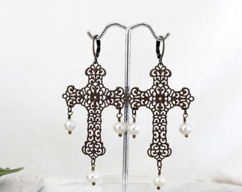 Faith Pearls Bronze Filigree Cross Earrings with Dangling Freshwater Pearls, Renaissance Era Big and Beautiful Light Weight Crosses #1846