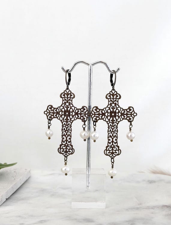 Bronze Filigree Cross Earrings: Dangling Freshwater Pearls, Bohemian Renaissance, #1846