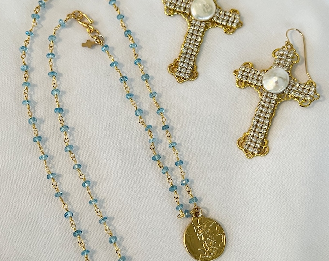 Saint Michael Blue Topaz Rosary Chain Necklace, 14k GF Gold Pearl Earrings, 18k GP Bronze Saint Michael Pendant, Inspirational #1706/#1009