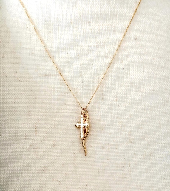 14k Gold Filled Italian Horn and Coptic Cross Necklace: Spiritual Protection and Faith Amulet, Cornicello Pendant #1209
