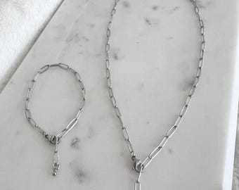 Men's Paperclip Necklace & Bracelet Set, Stainless Steel Paperclip Chain, Can Yaman Inspired, Unisex, Non Tarnish Metal, #1363