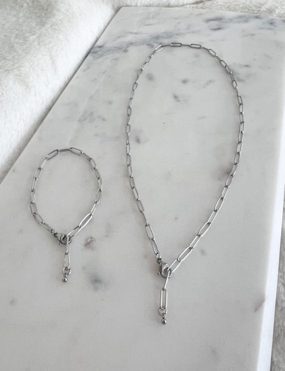 Men's Paperclip Necklace & Bracelet Set, Stainless Steel Paperclip Chain, Can Yaman Inspired, Unisex, Non Tarnish Metal, #1363