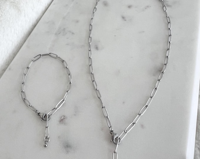 Men's Paperclip Necklace & Bracelet Set, Stainless Steel Paperclip Chain, Can Yaman Inspired, Unisex, Non Tarnish Metal, #1363
