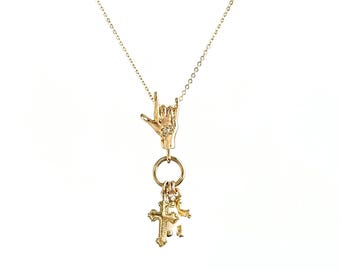 I Love You & Eternity Cross Gold Necklace, Multi Crosses and MOP Clover Dangles, 14k GF Layering Sign Language Necklace, Love and Faith 1895