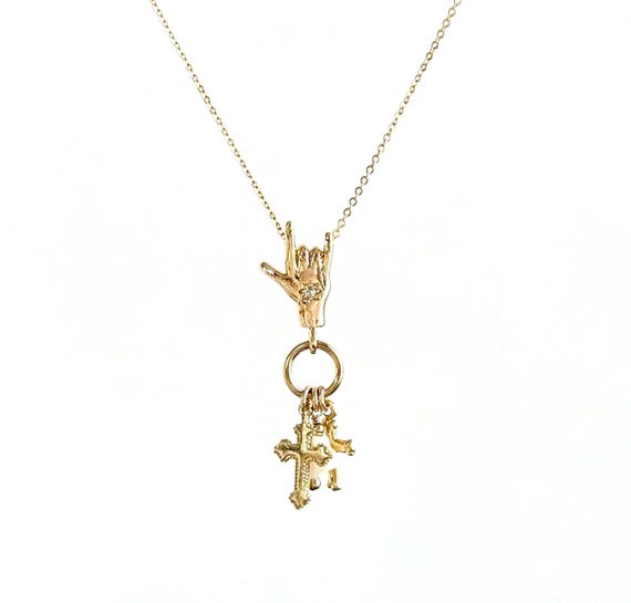 I Love You Sign Language Necklace: 14k Gold Filled MOP Clover & Cross Charms, Eternity Ring Link, #1895