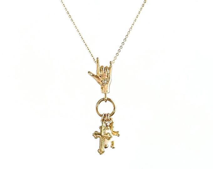 I Love You & Eternity Cross Gold Necklace, Multi Crosses and MOP Clover Dangles, 14k GF Layering Sign Language Necklace, Love and Faith 1895