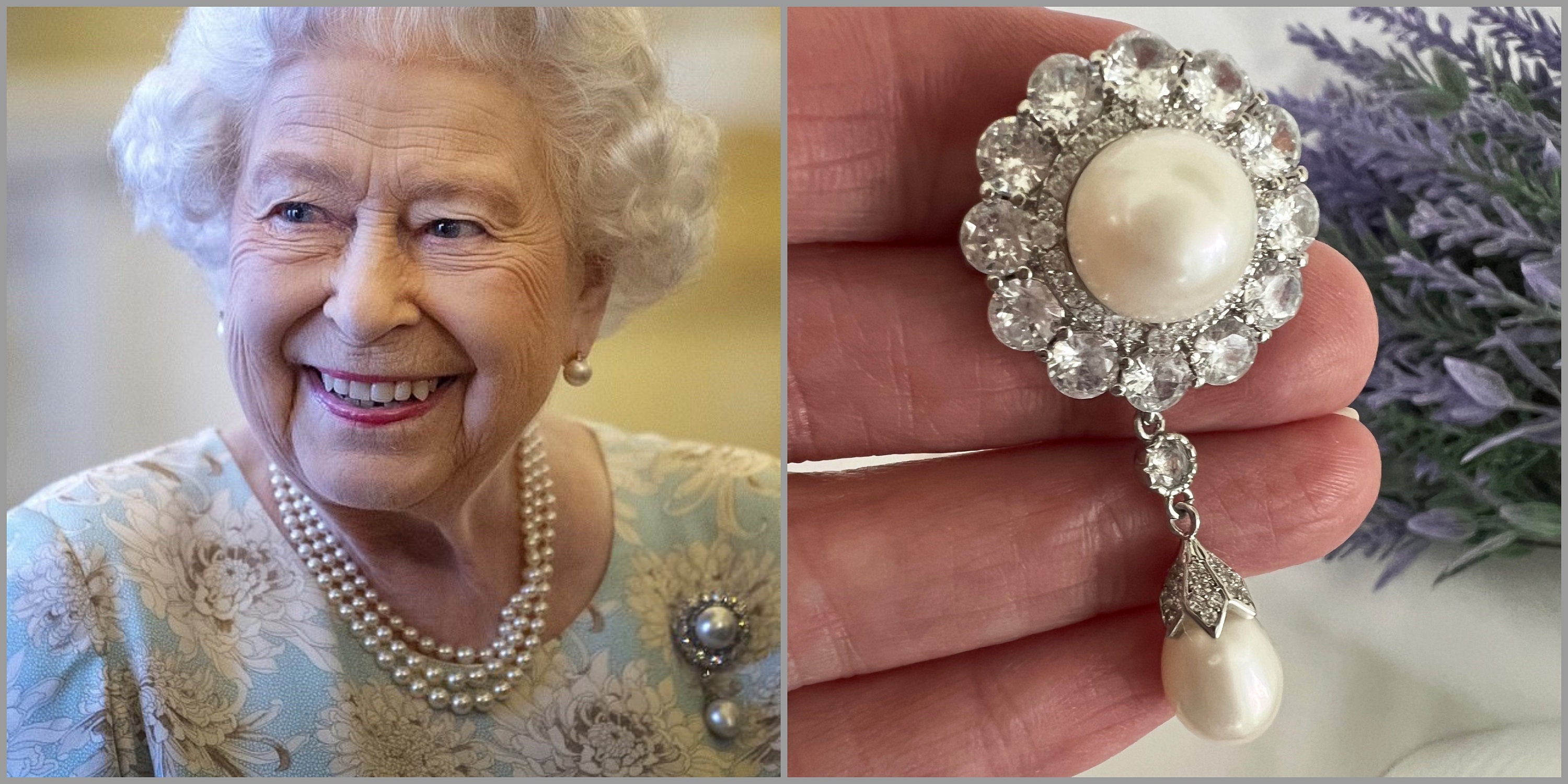 Queen Elizabeth Cultured Freshwater Pearl Brooch, Large Round & Teardrop  Pearls, Faceted Zircon Frame, Queen's Pearl Studs Set, #1576/#1574