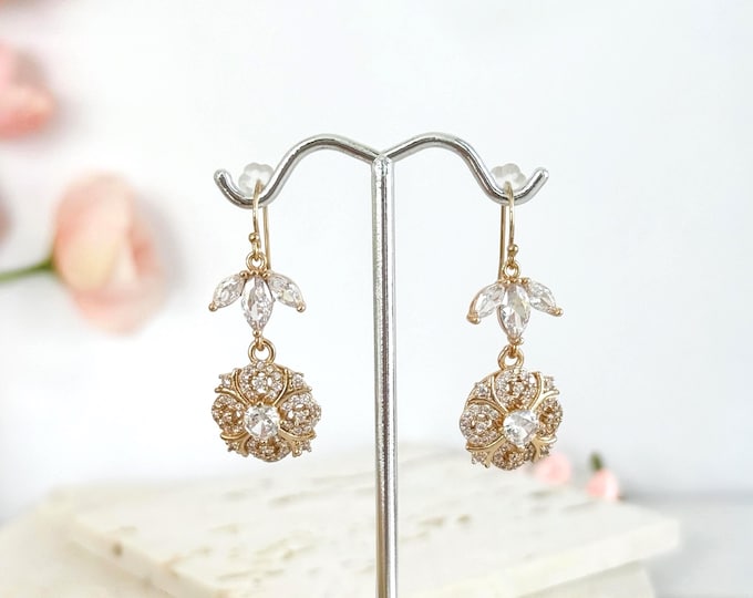 Victorian Marquise Zircon Petal Drop Earrings, 14k Gold Filled Chandelier Earrings, Regal Wedding Jewelry #1880