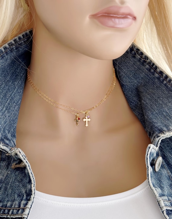 Mommy & Me Coptic Cross Necklace Set, 14k Gold Filled Crosses and Birthstones, Matching Inspirational Jewelry, #1936