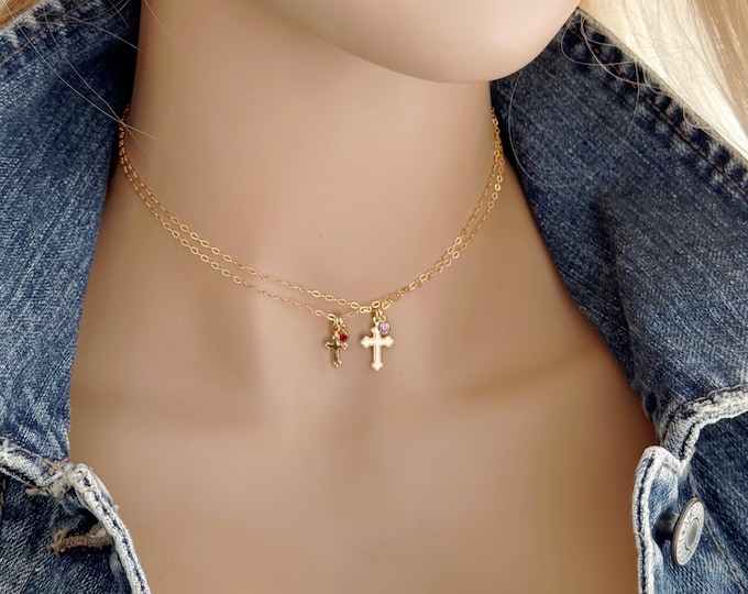 Mommy & Me Coptic Cross Necklace Set, 14k Gold Filled Crosses and Birthstones, Matching Inspirational Jewelry, #1936