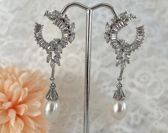 Zircon Coronation Water Drop AA Pearl Earrings, Kate Middleton & Diana Inspired Earrings, REAL Freshwater White Pearl, Royal Style #1649