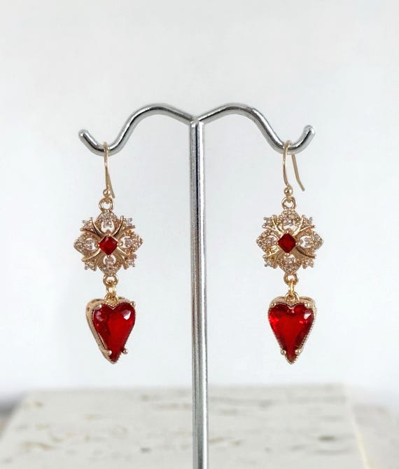 Red Glass Heart Earrings, Victorian Inspired, 14k Gold Filled, #