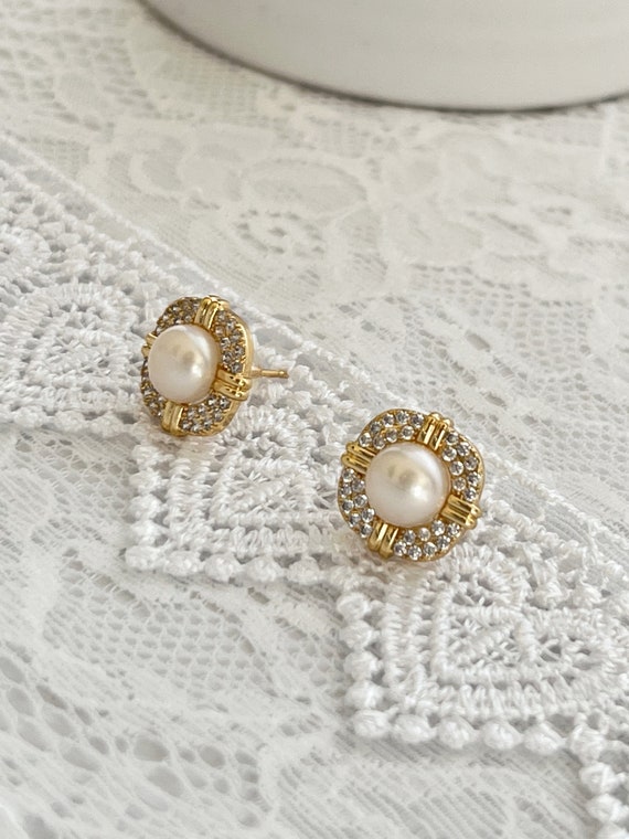 Freshwater Pearl Stud Earrings: Lady Diana Inspired Zircon Earrings, Sterling Silver Posts, A Royal Inspiration, #1684