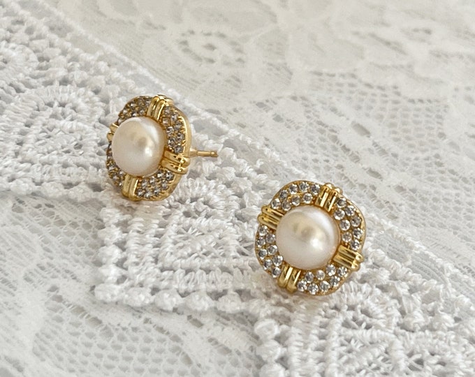 Freshwater Pearl Stud Earrings: Lady Diana Inspired Zircon Earrings, Sterling Silver Posts, A Royal Inspiration, #1684
