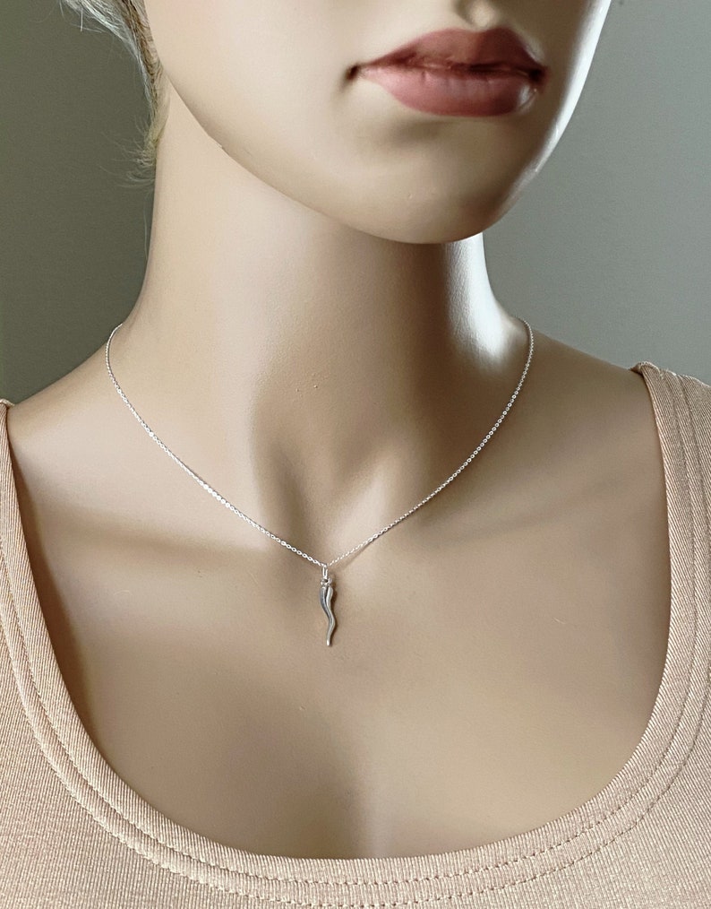 Silver Italian Horn Necklace, 100% Sterling Silver, Cornicello, Large / Small, Protection Against Evil, Lucky Horn, Italian Amulet 908/1082 image 1