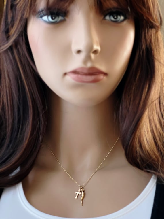 14k Gold Filled Italian Horn and Coptic Cross Necklace: Spiritual Protection and Faith Amulet, Cornicello Pendant #1209