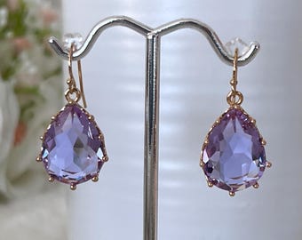 Kate Middleton Amethyst Crystal Teardrop 14k Gold Filled Earrings, Light Sparkling Dangles, Pink Crystal Dainty Royal Earrings #1207