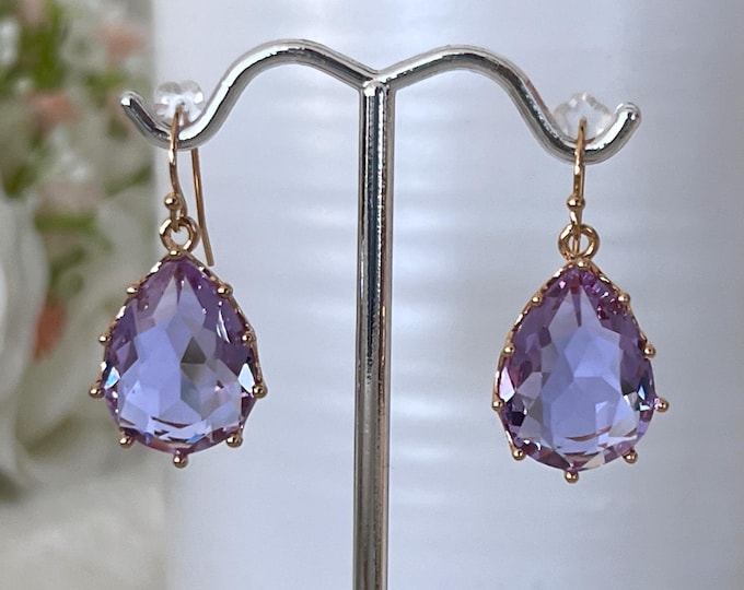 Kate Middleton Amethyst Crystal Teardrop 14k Gold Filled Earrings, Light Sparkling Dangles, Pink Crystal Dainty Royal Earrings #1207