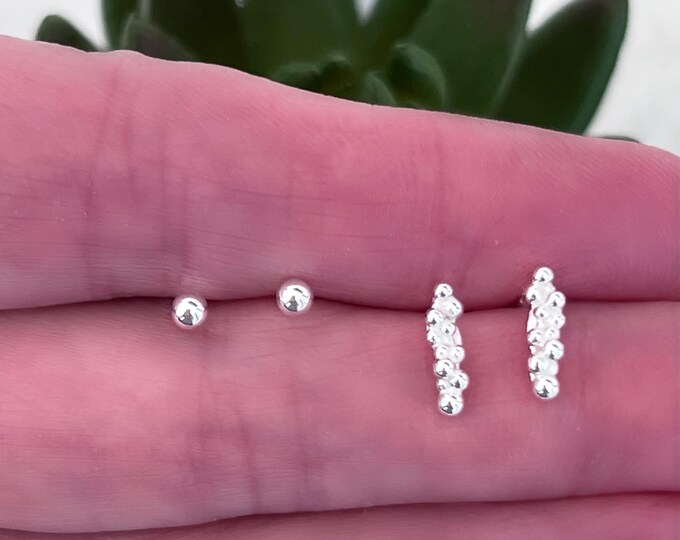 Two Pair of Sterling Silver Post Earrings, 1 Set 3mm Ball Studs, the other Set is Sterling Silver Bubbles. Ear Lobe Layering Posts #1772