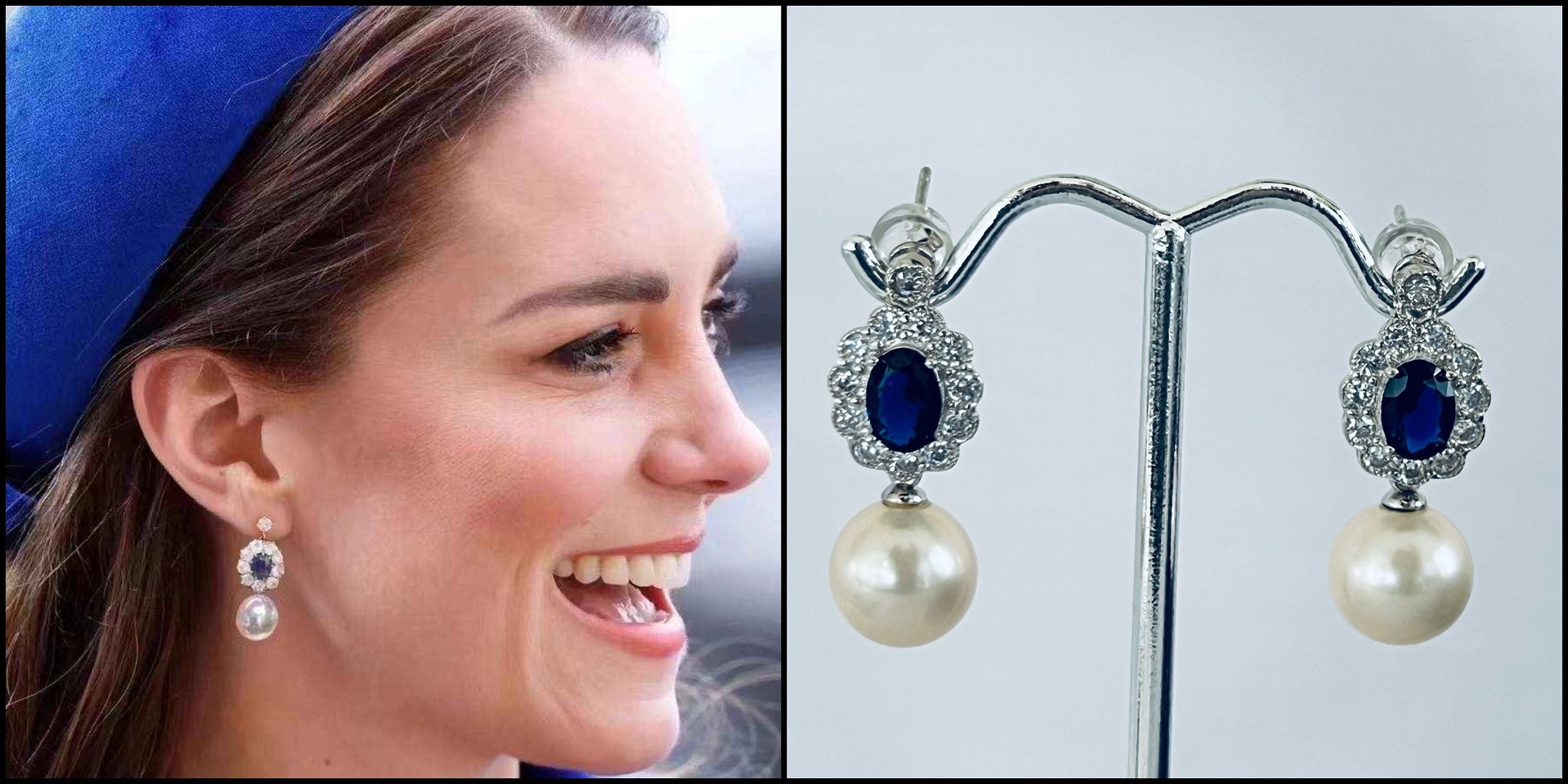 Princess Kate Inspired Zircon Sapphire Real Pearl Drop Earrings