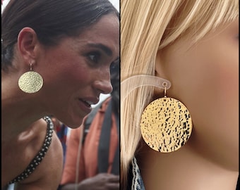 Meghan Inspired Gold Hammered Disc Earrings, 14k Gold Filled Large Gold Medallion Earrings, Boho Gold Flashy Medallions, #1729