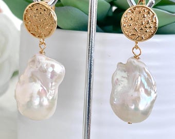 White Baroque Pearl Earrings, Gold Textured Stud Sterling Silver Pins, Large Baroque Pearl Earrings, Hollywood Glamour #1535