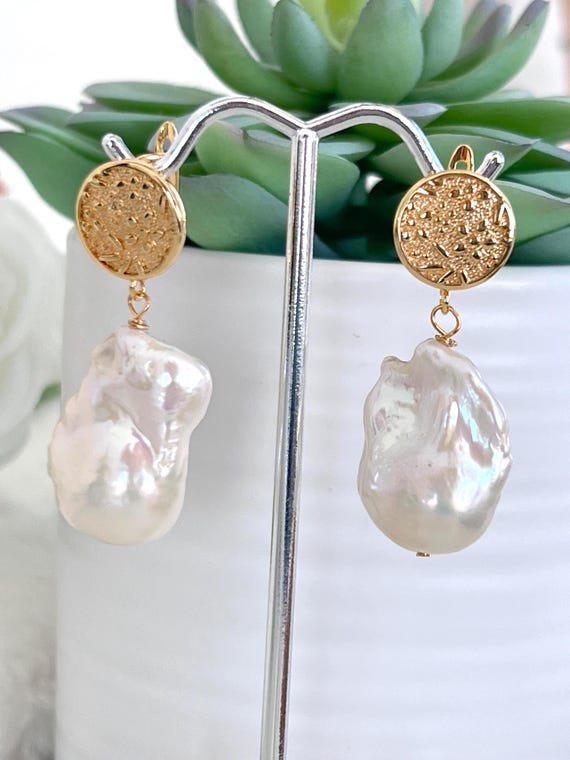 White Baroque Pearl Earrings, Gold Textured Stud Sterling Silver Pins, Large Baroque Pearl Earrings, Hollywood Glamour #1535