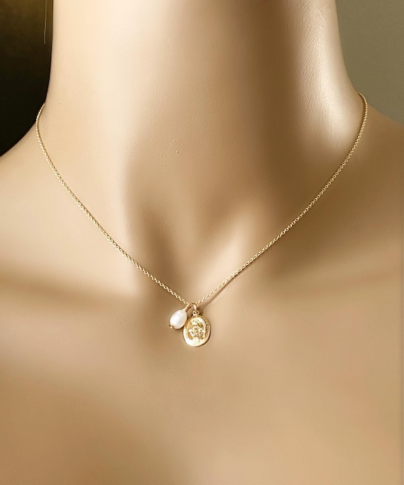 Mother Mary Necklace with Freshwater Pearl: 14k Gold Filled or Sterling Silver, Oval Virgin Mary, Faith Filled Jewelry, Gift for her, #972