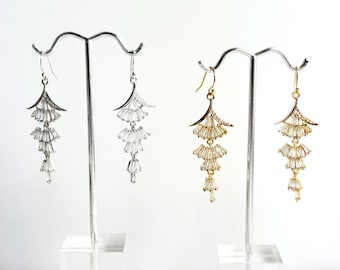 Long Layered Zircon Earrings, Pagoda Style Tiered Earrings, Sterling Silver or 14k Gold Filled Choices, Buddhist Temple Tiers, #1896